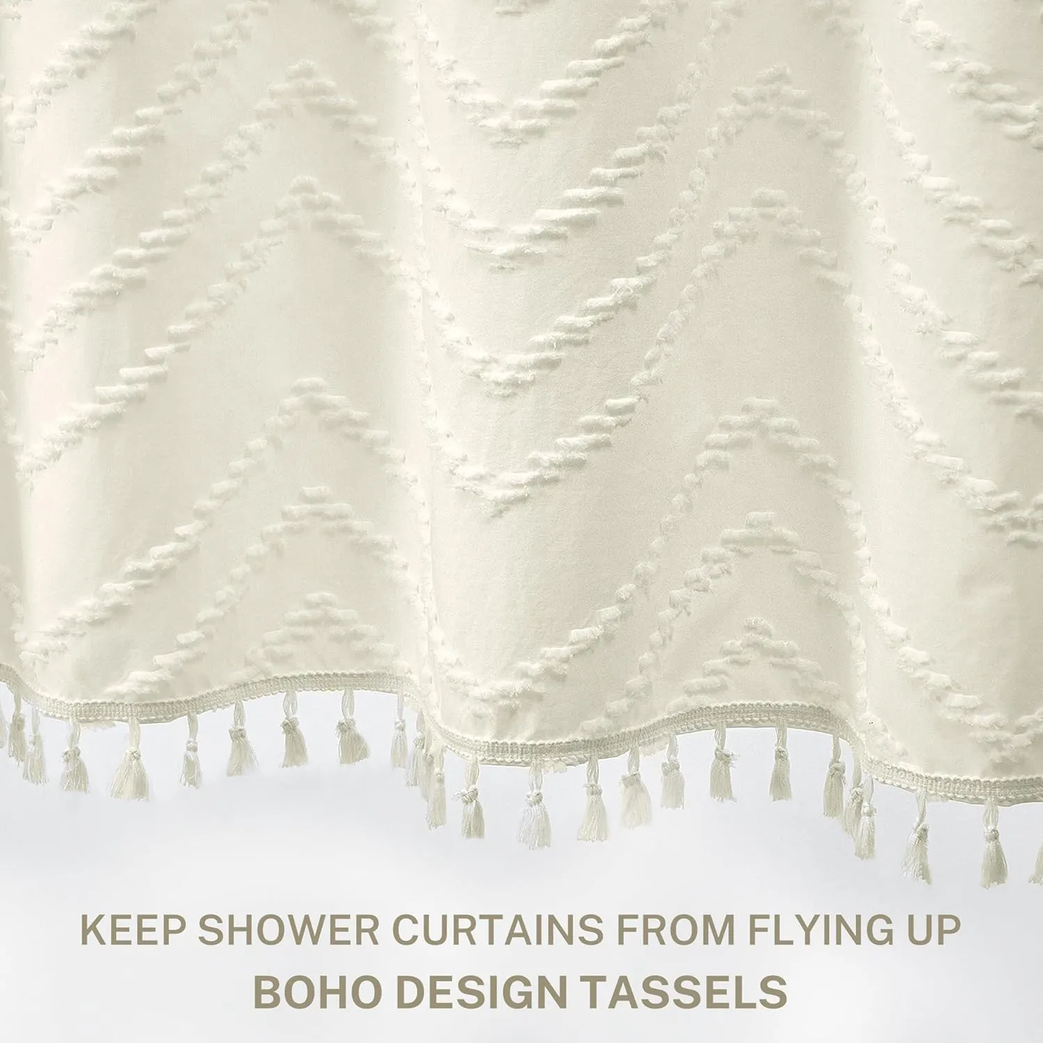 Boho Farmhouse Shower Curtain Woven Fabric Cute Cream Shower Curtain, 72 x 72 Tufted Chevron Textured Striped Modern Farmhouse Minimalist Shower Curtain for Bathroom