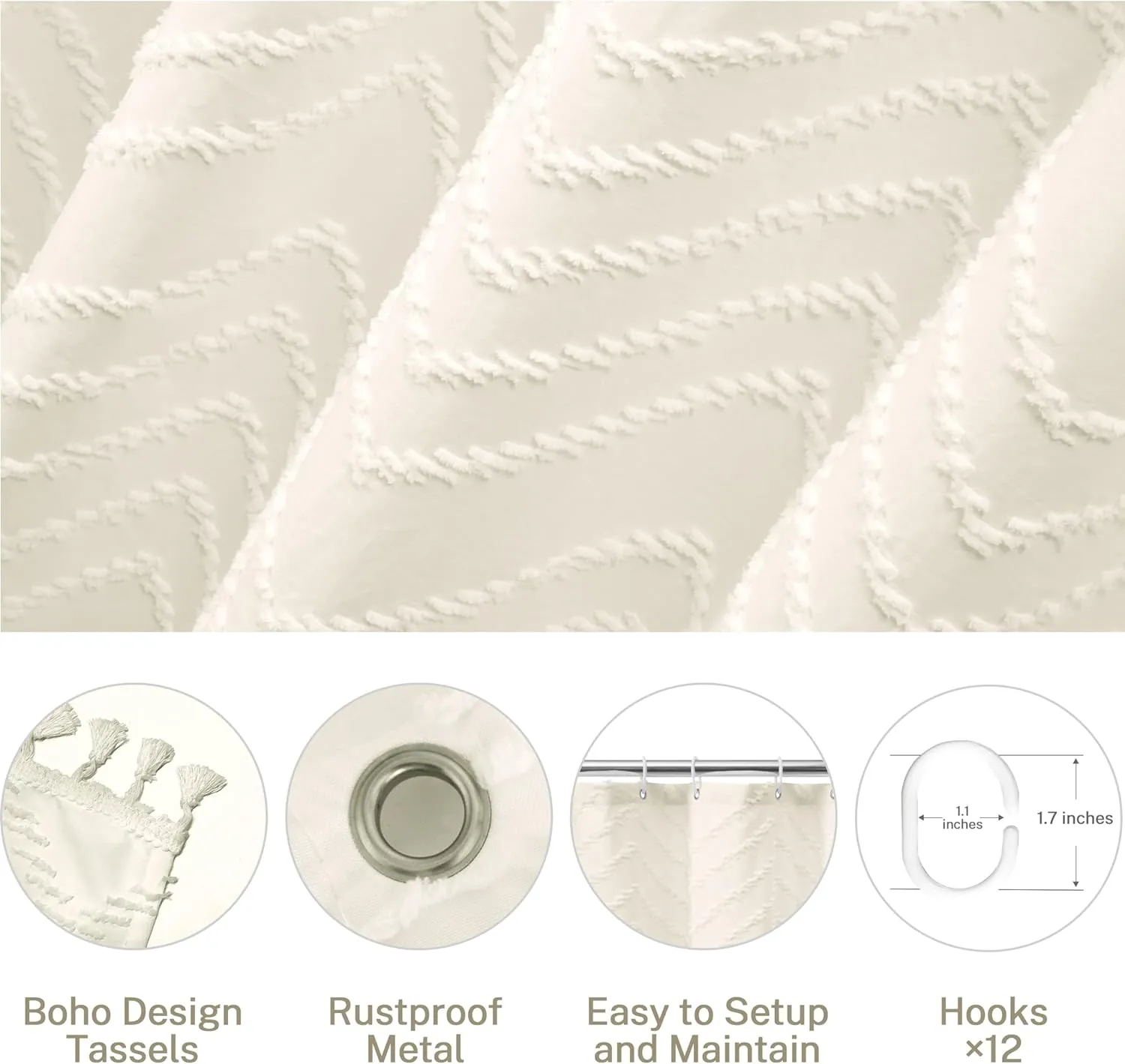Boho Farmhouse Shower Curtain Woven Fabric Cute Cream Shower Curtain, 72 x 72 Tufted Chevron Textured Striped Modern Farmhouse Minimalist Shower Curtain for Bathroom