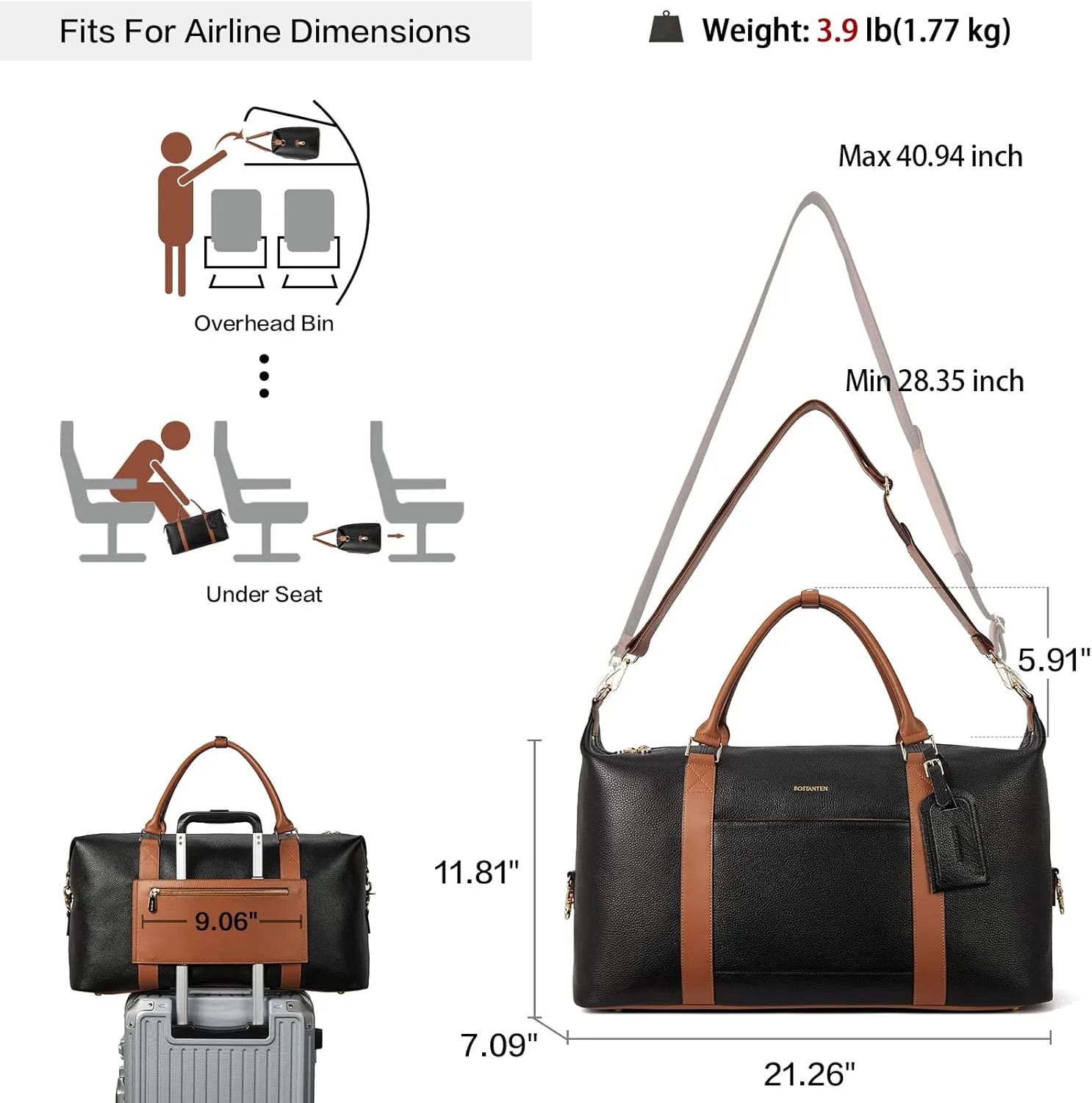 BOSTANTEN Weekender Bags for Women Leather Duffle Bag for Travel Overnight Duffel Carry on Large Tote with Trolley Sleeve and Luggage Tag