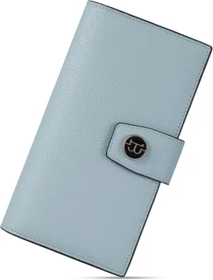 BOSTANTEN Womens Wallet Genuine Leather Wallets Large Capacity Cash Cluth Purse with Zipper Pocket Blue Grey