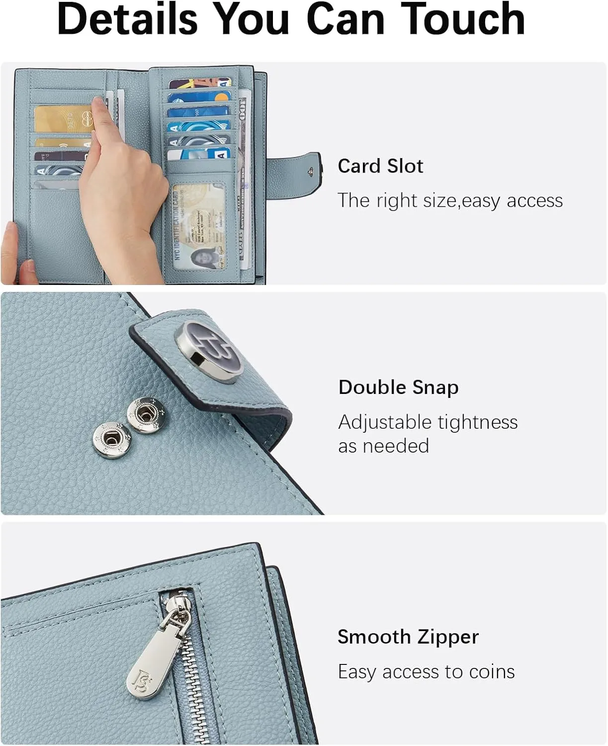 BOSTANTEN Womens Wallet Genuine Leather Wallets Large Capacity Cash Cluth Purse with Zipper Pocket Blue Grey