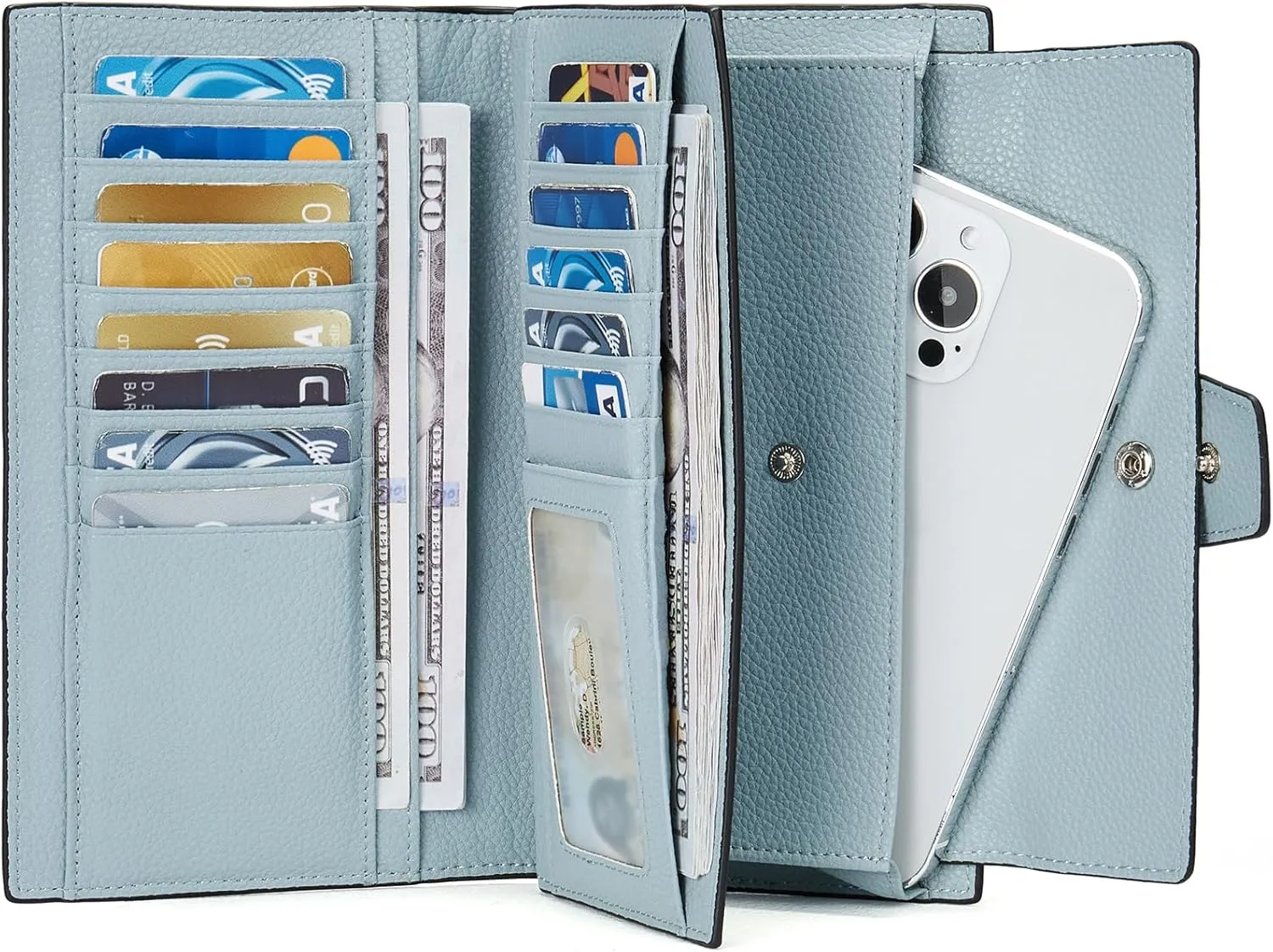 BOSTANTEN Womens Wallet Genuine Leather Wallets Large Capacity Cash Cluth Purse with Zipper Pocket Blue Grey