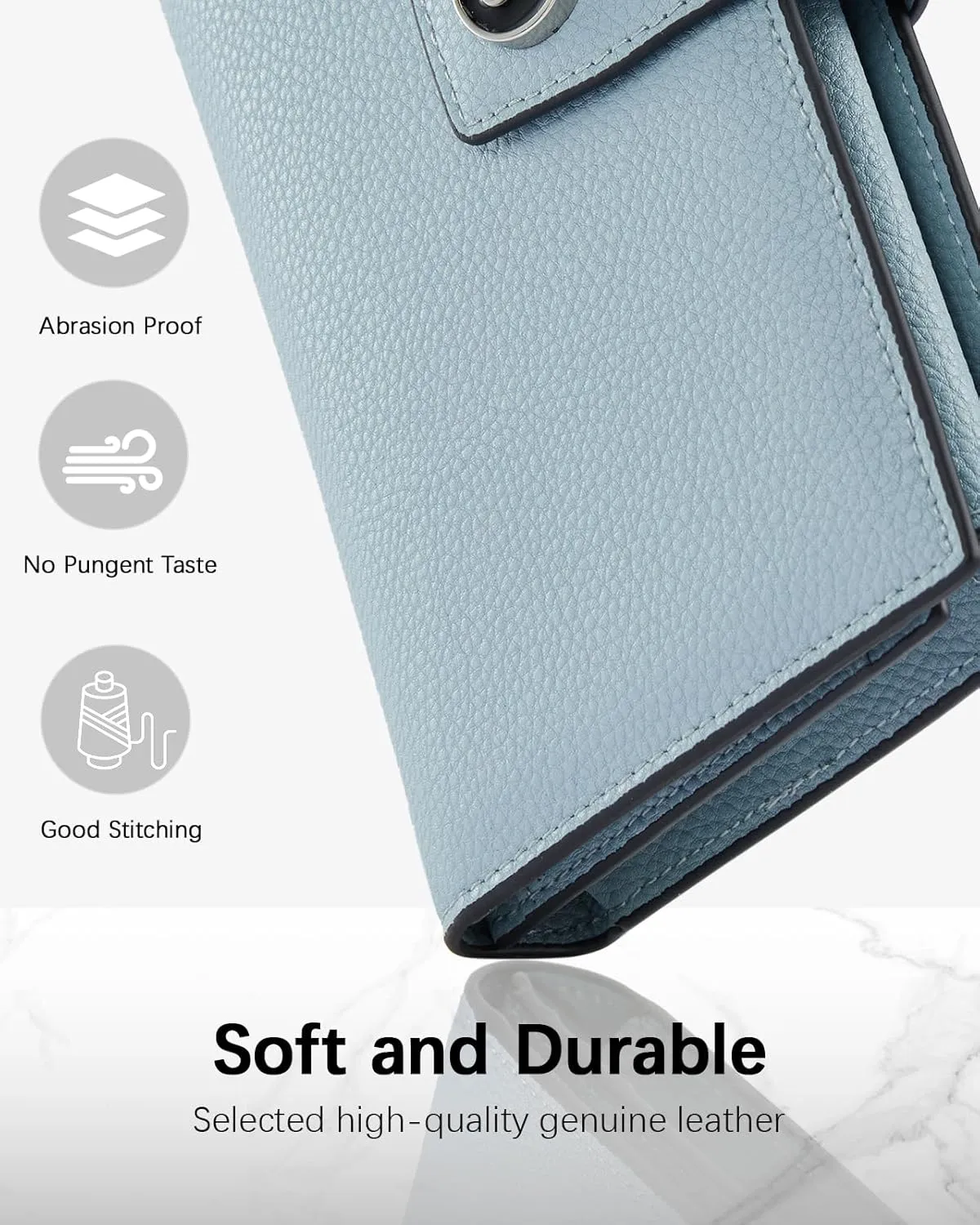 BOSTANTEN Womens Wallet Genuine Leather Wallets Large Capacity Cash Cluth Purse with Zipper Pocket Blue Grey