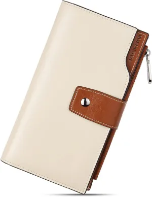 BOSTANTEN Womens Wallet Genuine Leather Wallets Large Capacity Cash Cluth Purses with Zipper Pocket Beige-Brown