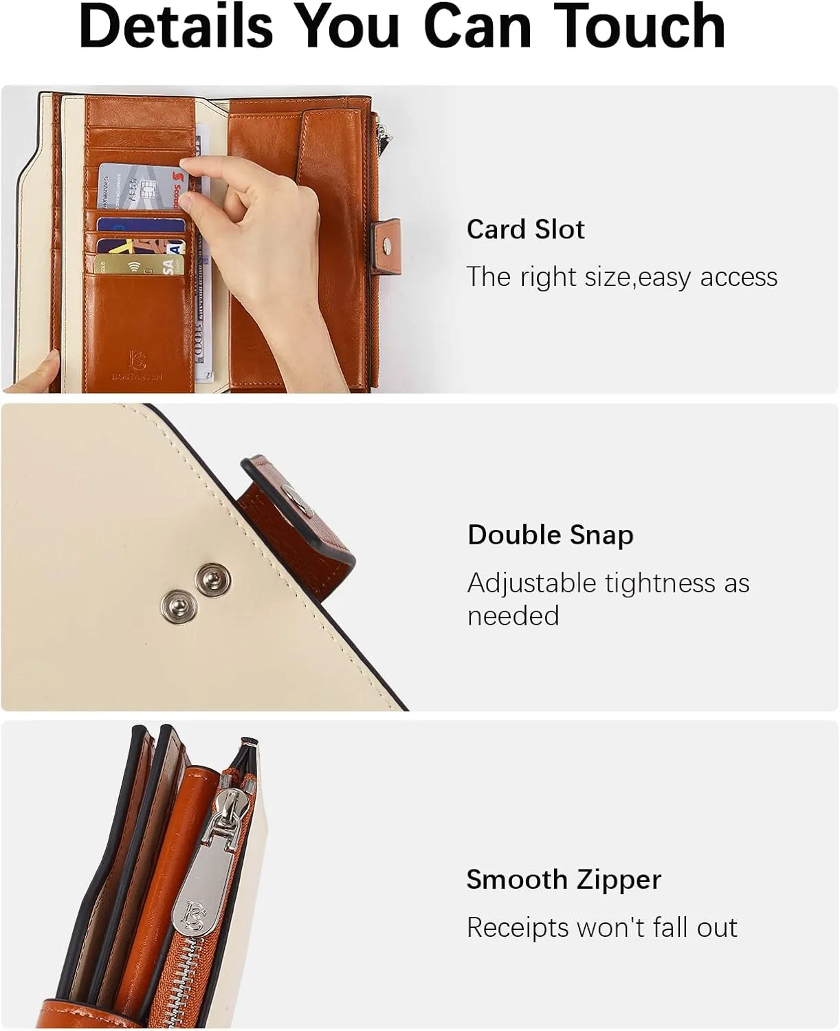 BOSTANTEN Womens Wallet Genuine Leather Wallets Large Capacity Cash Cluth Purses with Zipper Pocket Beige-Brown