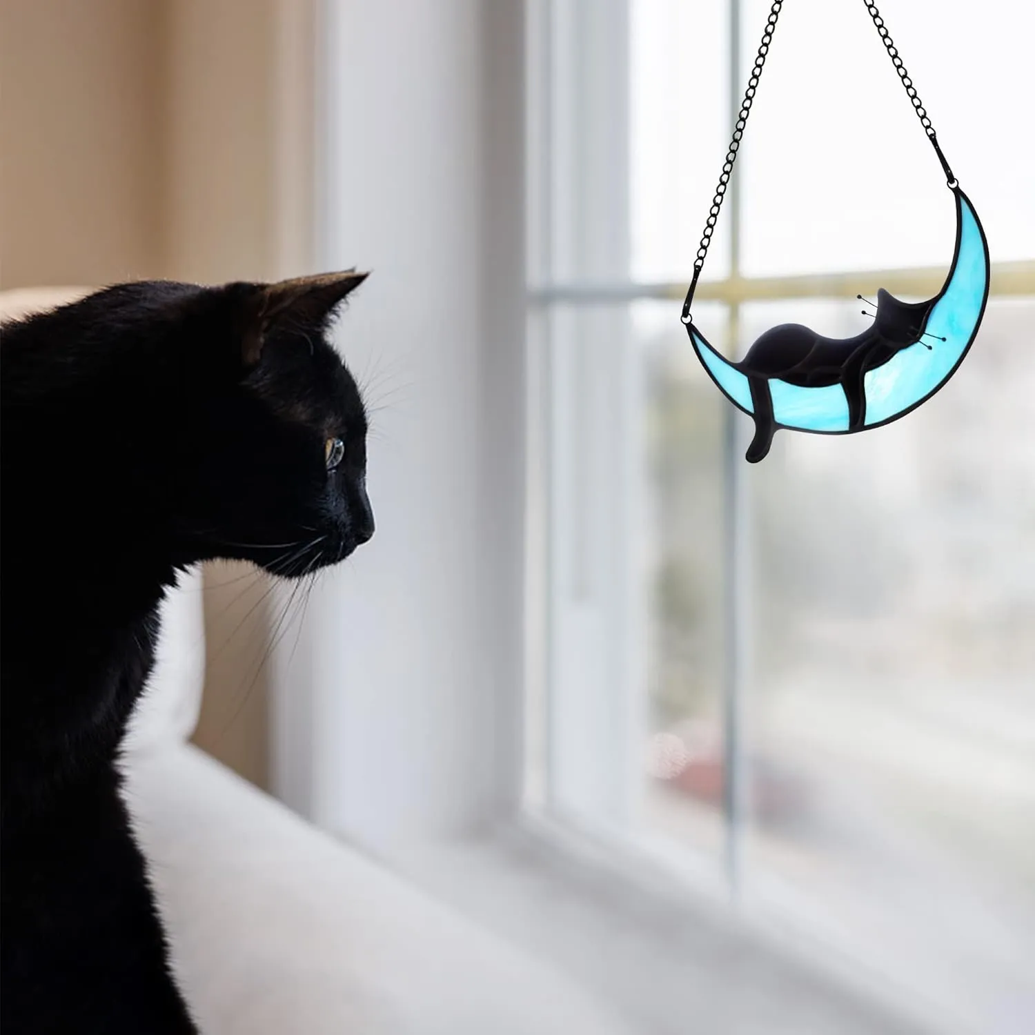 BOXCASA Black Cat on Moon Stained Glass Witchy Gifts for Women - Indoor Suncatchers for Windows Hanging,Christmas for Cat Lovers (with Suction Cups and Chains)