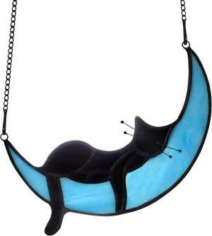BOXCASA Black Cat on Moon Stained Glass Witchy Gifts for Women - Indoor Suncatchers for Windows Hanging,Christmas for Cat Lovers (with Suction Cups and Chains)
