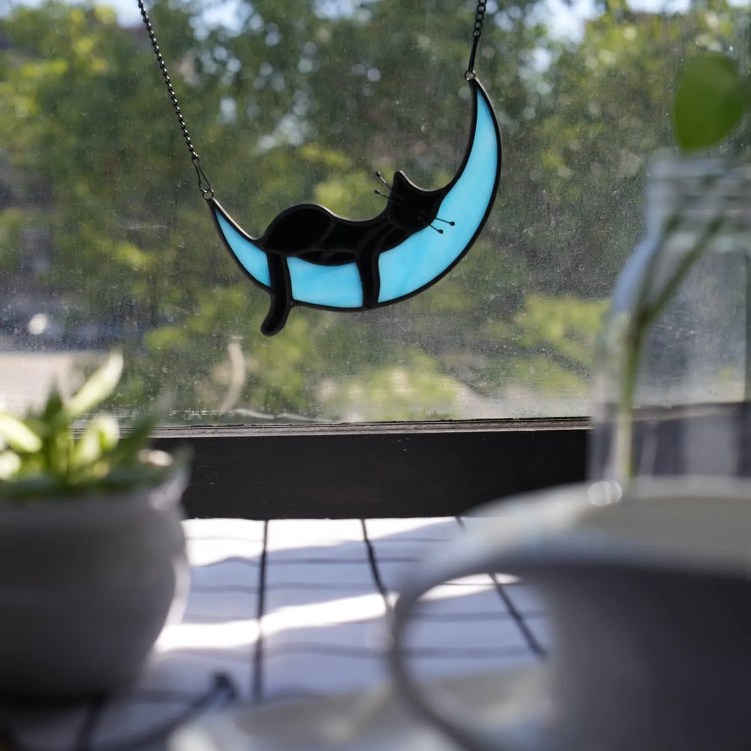 BOXCASA Black Cat on Moon Stained Glass Witchy Gifts for Women - Indoor Suncatchers for Windows Hanging,Christmas for Cat Lovers (with Suction Cups and Chains)