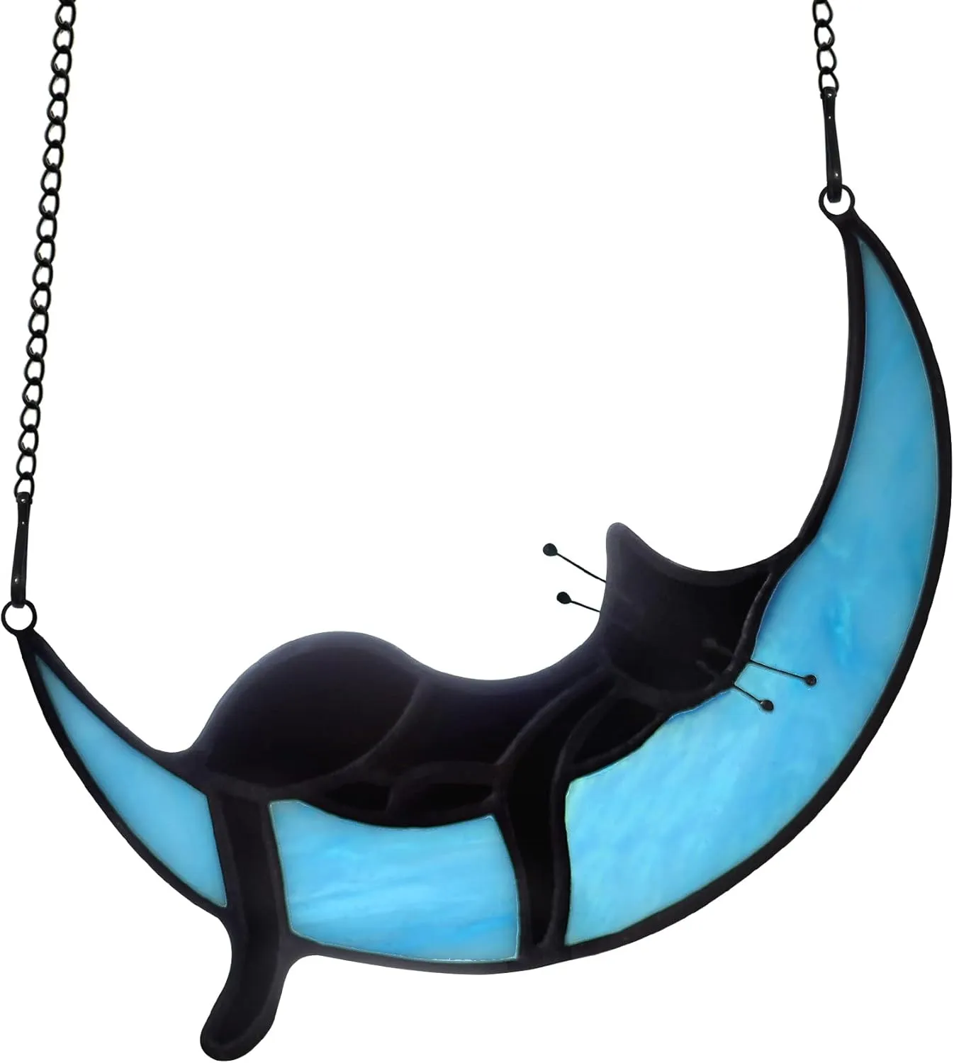 BOXCASA Black Cat on Moon Stained Glass Witchy Gifts for Women - Indoor Suncatchers for Windows Hanging,Christmas for Cat Lovers (with Suction Cups and Chains)