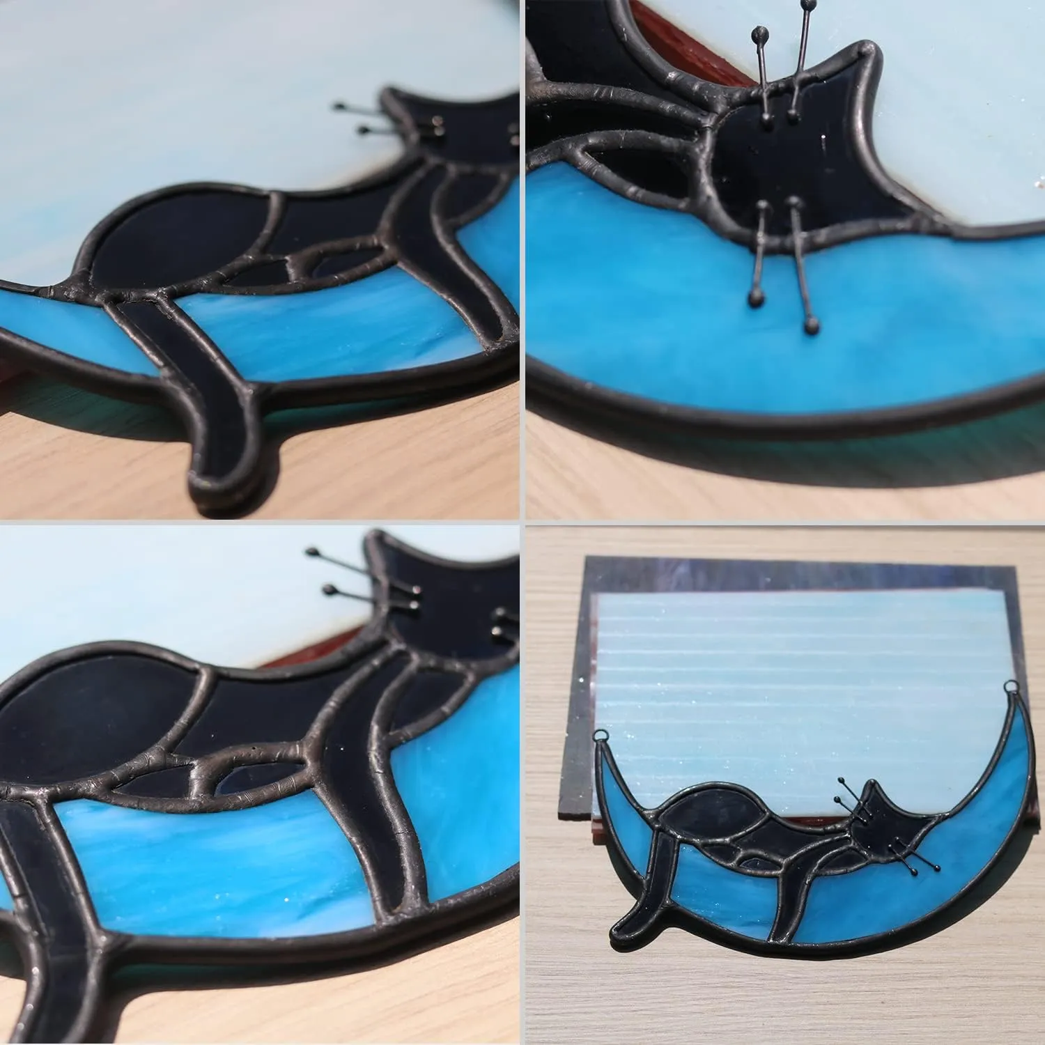 BOXCASA Black Cat on Moon Stained Glass Witchy Gifts for Women - Indoor Suncatchers for Windows Hanging,Christmas for Cat Lovers (with Suction Cups and Chains)