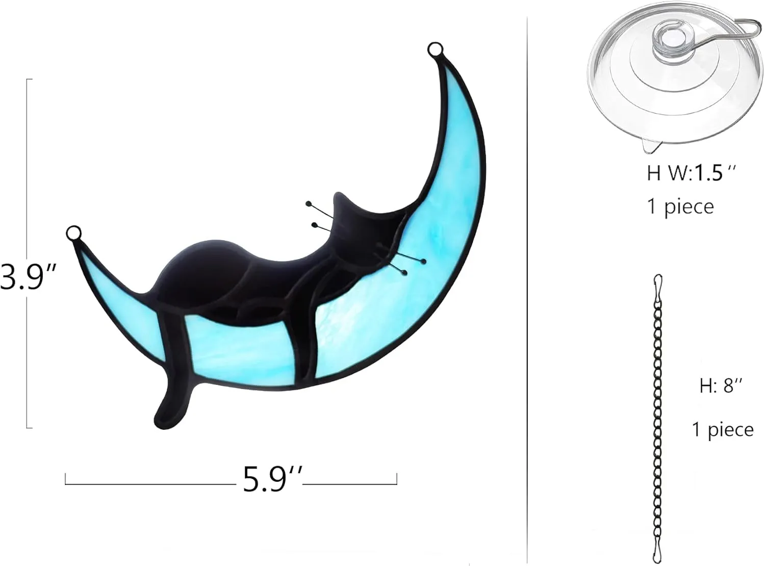 BOXCASA Black Cat on Moon Stained Glass Witchy Gifts for Women - Indoor Suncatchers for Windows Hanging,Christmas for Cat Lovers (with Suction Cups and Chains)