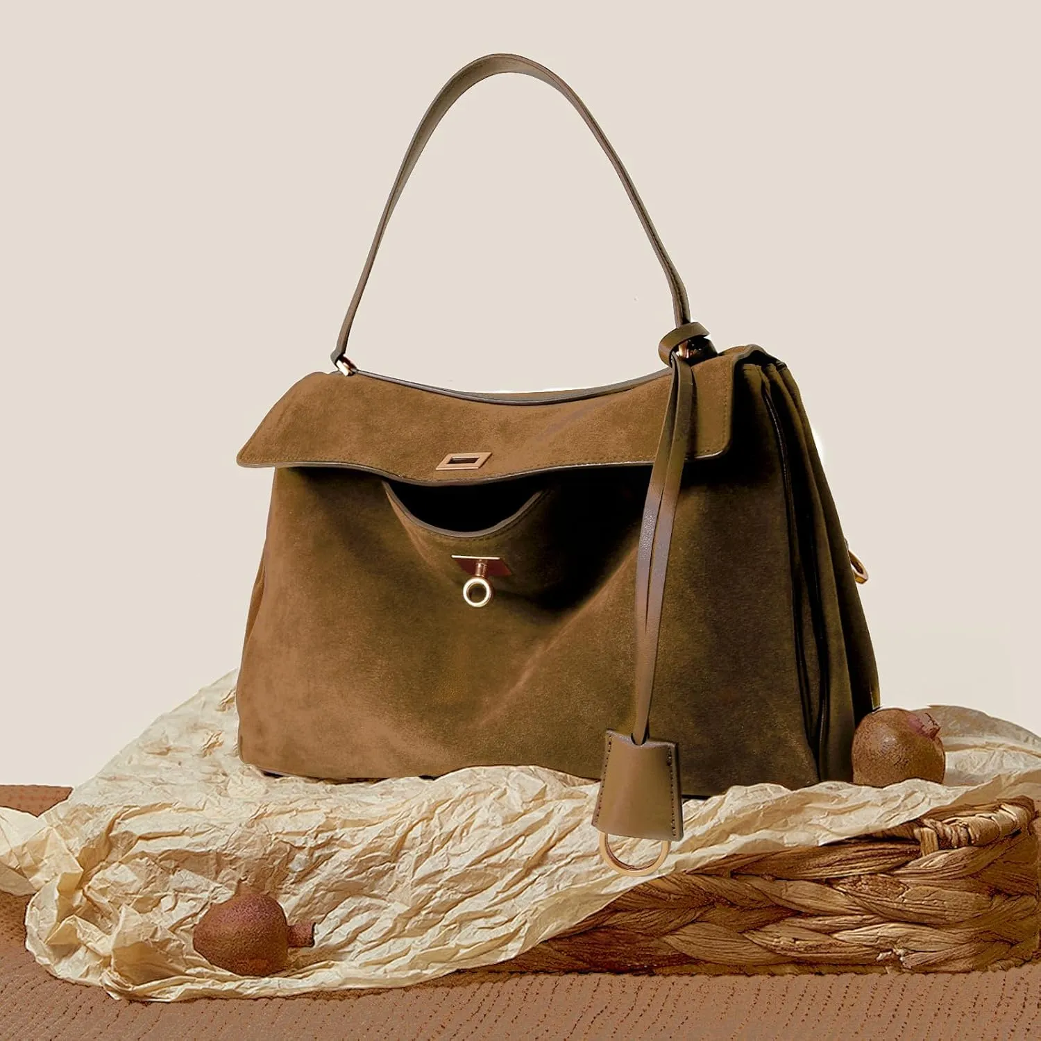 BOYATU Leather Suede Tote Bag for Women: Genuine Leather Shoulder Handbag - Large Suede Purse Satchel Bag