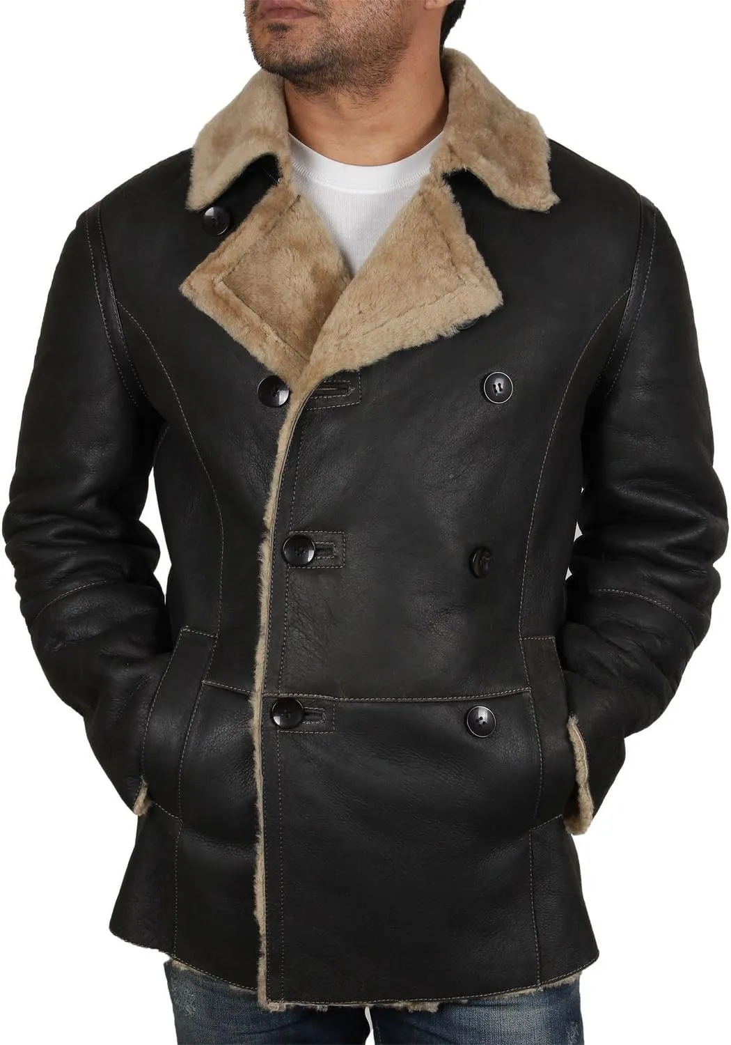 BRANDSLOCK Mens Genuine RAF Sheepskin Leather Aviator Jacket Large Brown