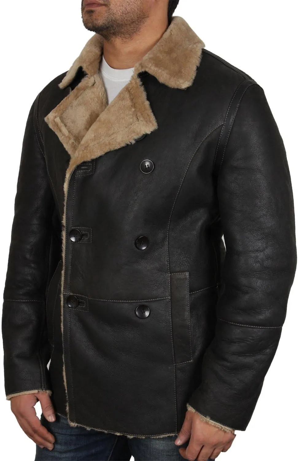 BRANDSLOCK Mens Genuine RAF Sheepskin Leather Aviator Jacket Large Brown