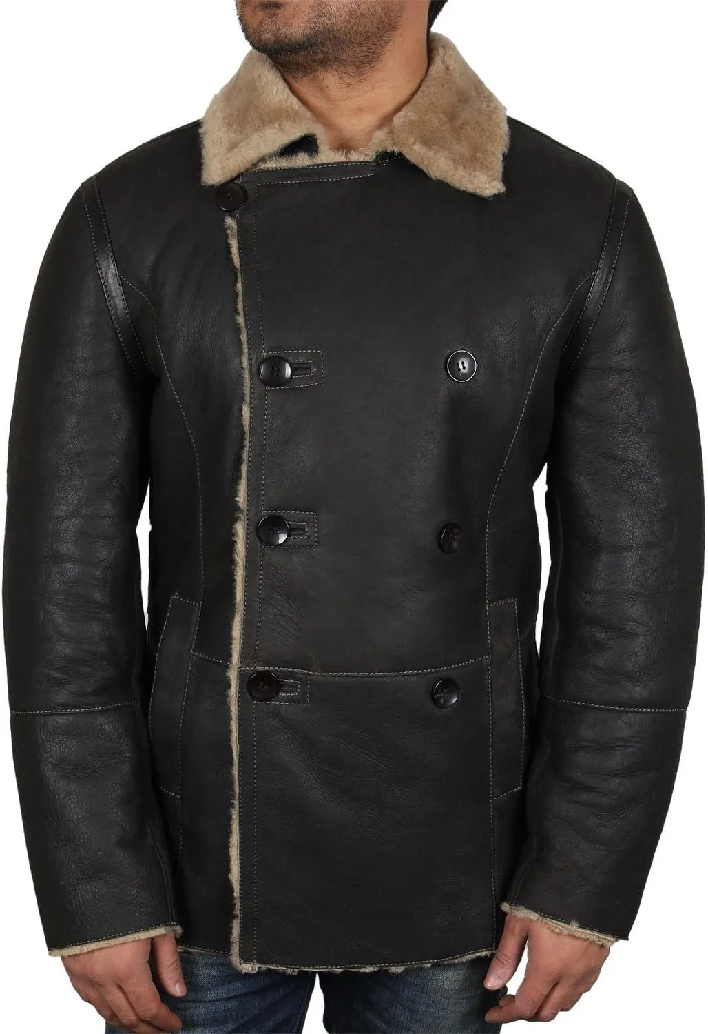 BRANDSLOCK Mens Genuine RAF Sheepskin Leather Aviator Jacket Large Brown