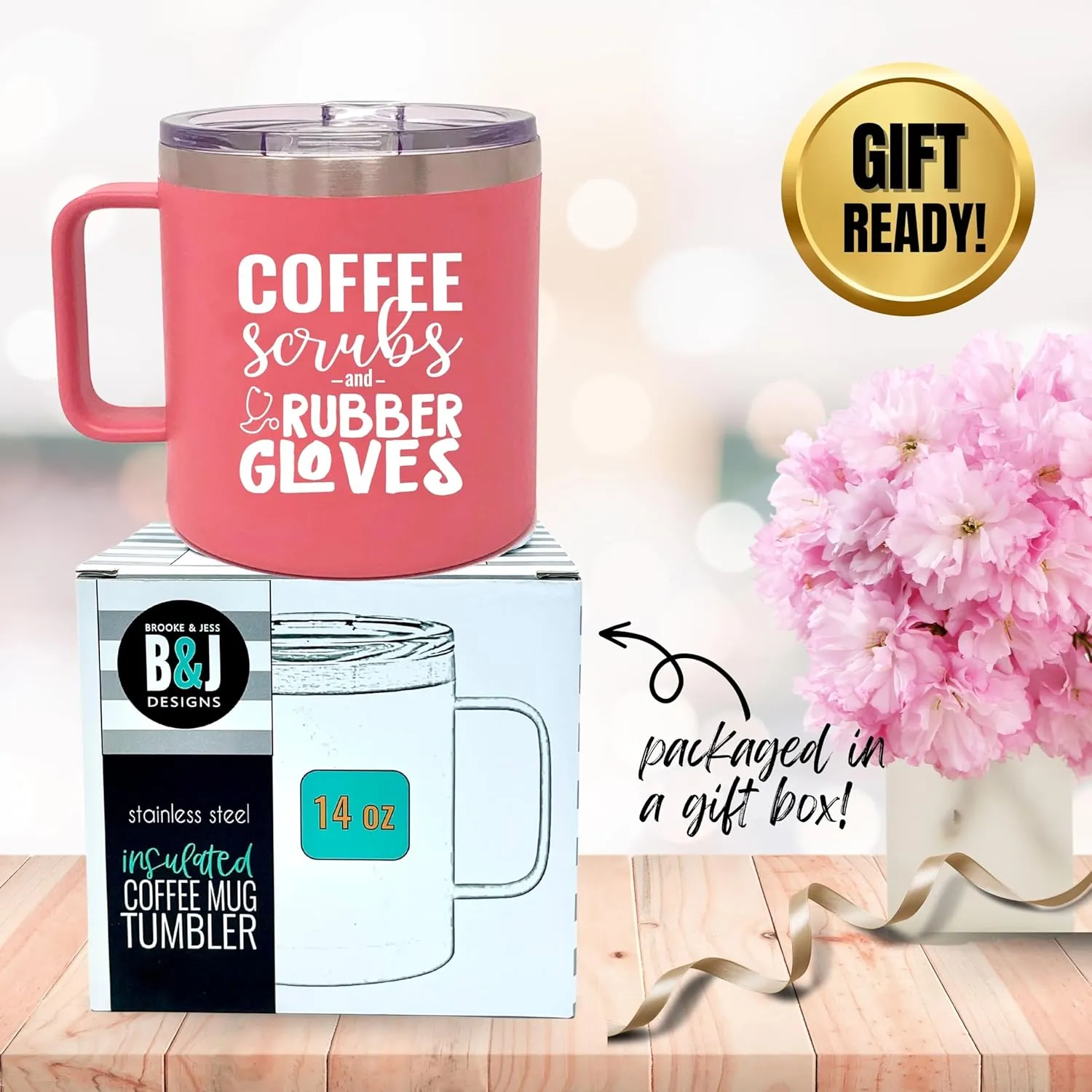 Brooke & Jess Designs Coffee Scrubs 14 oz Coffee Cup Tumbler Mug with Lid - Gift for Nurse, RN, CNA, LPN, Nursing Student, Doctor, Nurses Week