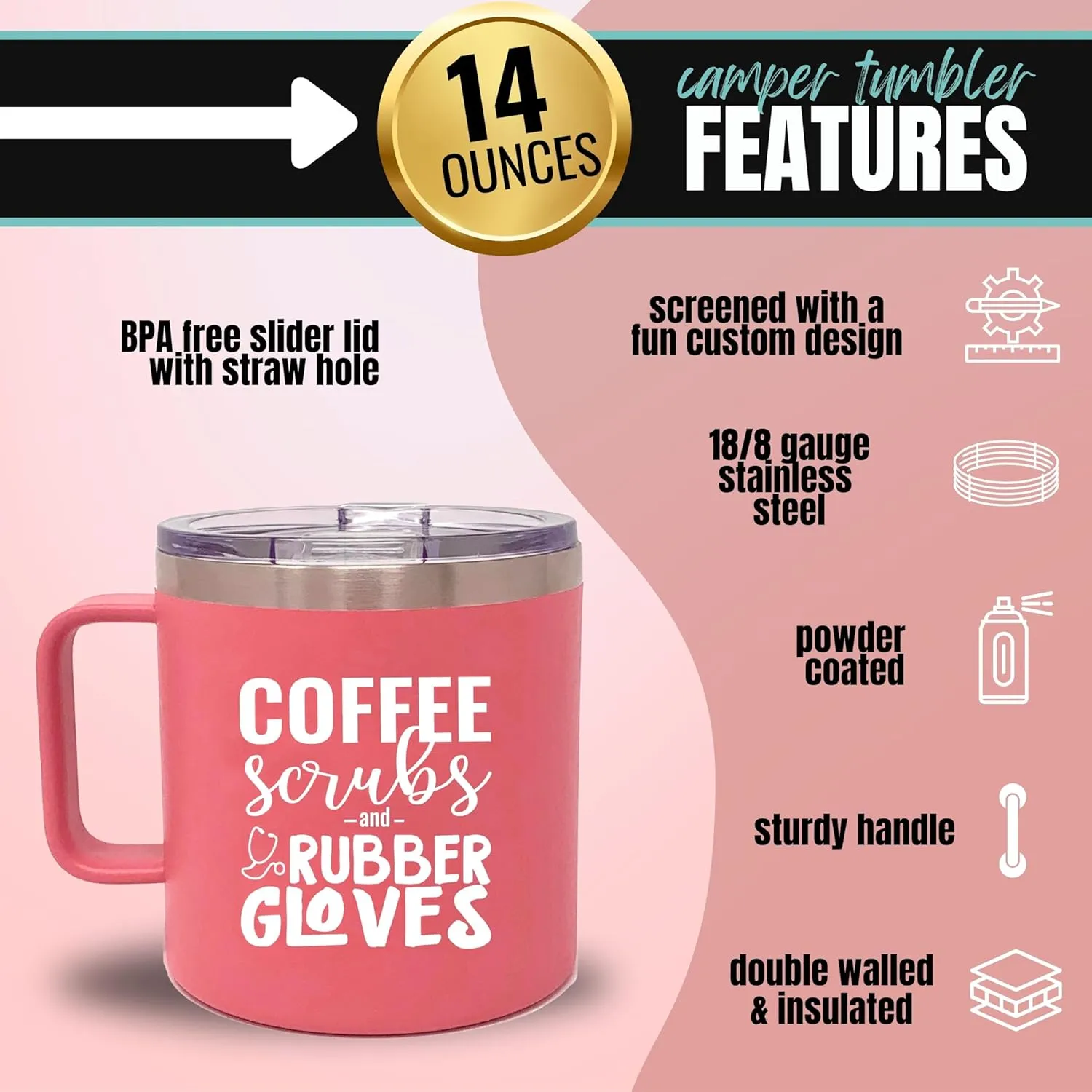 Brooke & Jess Designs Coffee Scrubs 14 oz Coffee Cup Tumbler Mug with Lid - Gift for Nurse, RN, CNA, LPN, Nursing Student, Doctor, Nurses Week