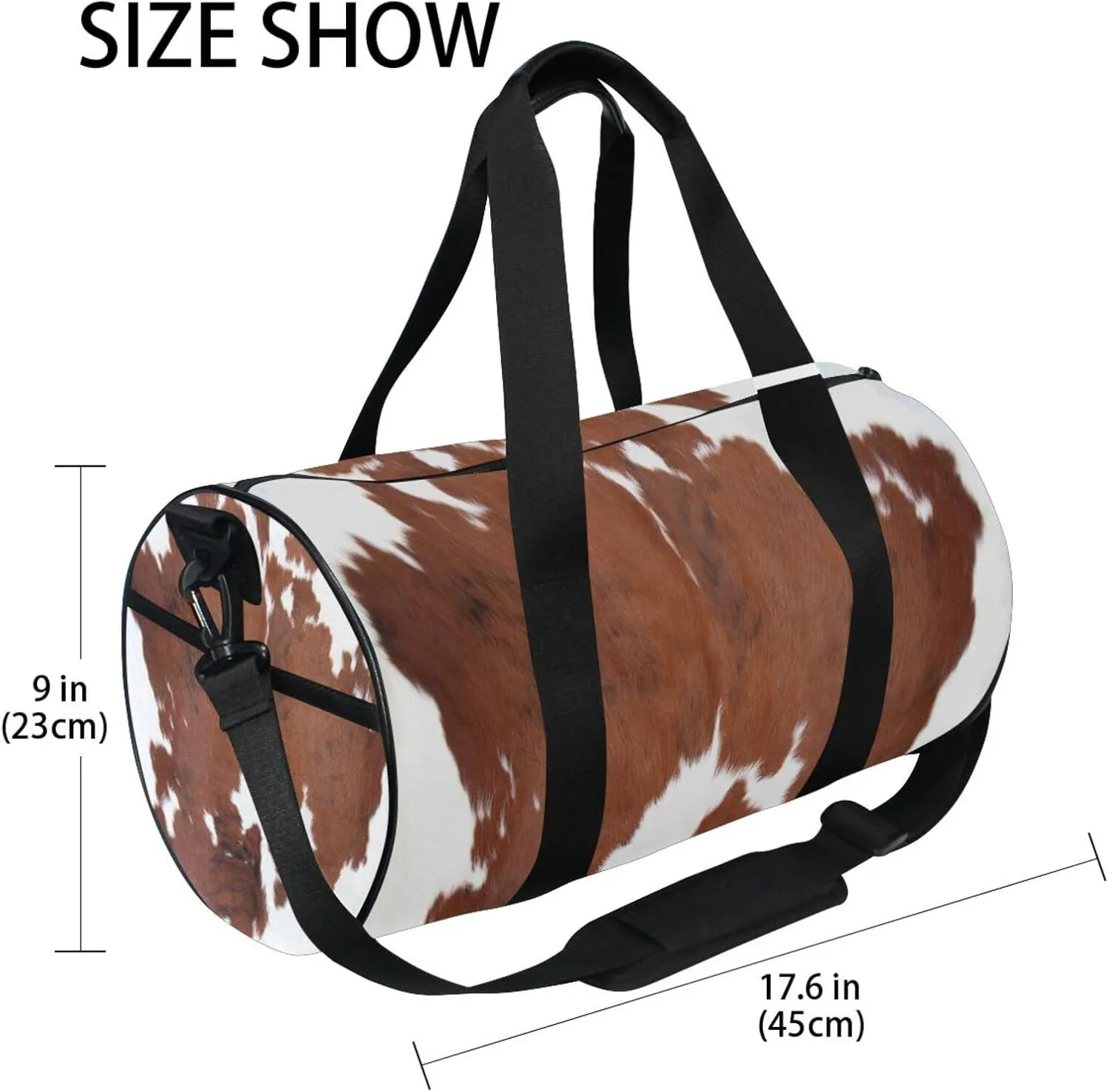 Brown Cow Fur Skin Animal Texture on White Portable Gym Bag, Travel Bag, Luggage bag, Sports Bag, Toiletry Bag with Handles, Detachable Shoulder Strap 17.6 x 9 x 9 inch
