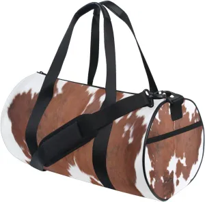 Brown Cow Fur Skin Animal Texture on White Portable Gym Bag, Travel Bag, Luggage bag, Sports Bag, Toiletry Bag with Handles, Detachable Shoulder Strap 17.6 x 9 x 9 inch