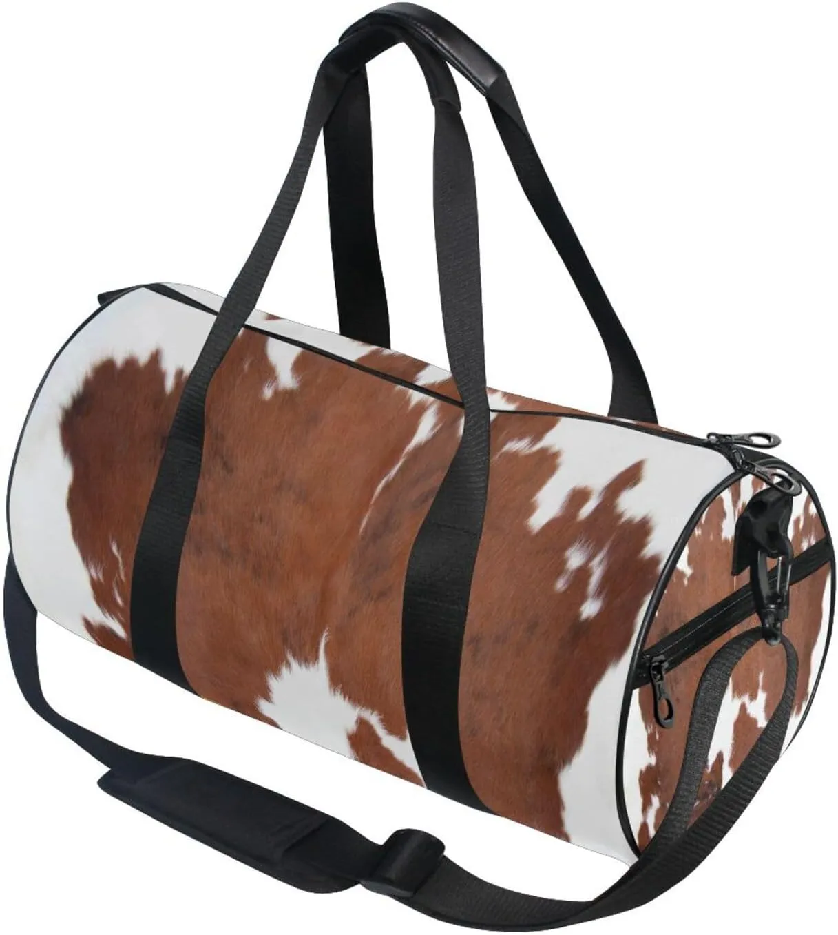 Brown Cow Fur Skin Animal Texture on White Portable Gym Bag, Travel Bag, Luggage bag, Sports Bag, Toiletry Bag with Handles, Detachable Shoulder Strap 17.6 x 9 x 9 inch