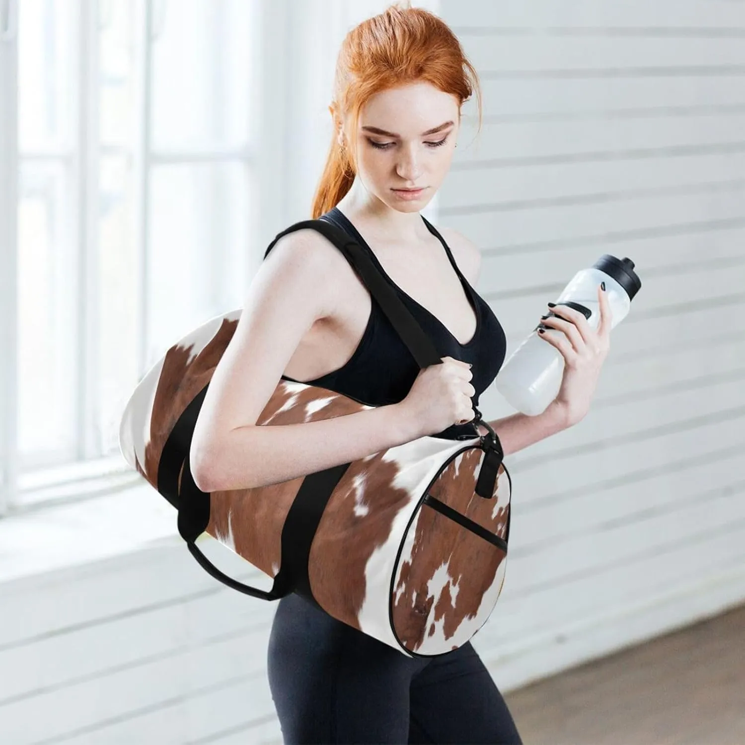 Brown Cow Fur Skin Animal Texture on White Portable Gym Bag, Travel Bag, Luggage bag, Sports Bag, Toiletry Bag with Handles, Detachable Shoulder Strap 17.6 x 9 x 9 inch
