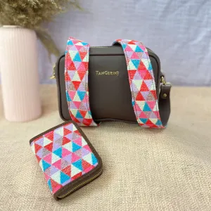 Brown Dual Compartment Sling Bag with Pink Multi-color Triangle Belt   Mini Wallet