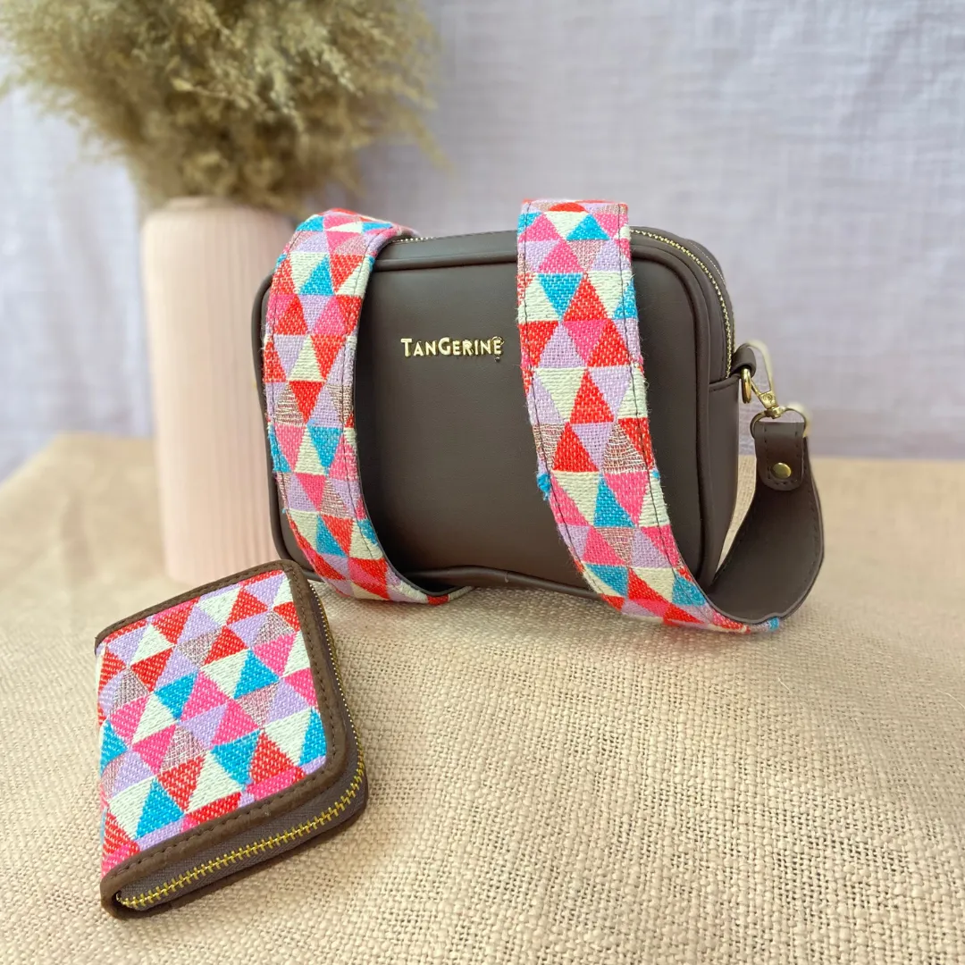Brown Dual Compartment Sling Bag with Pink Multi-color Triangle Belt   Mini Wallet