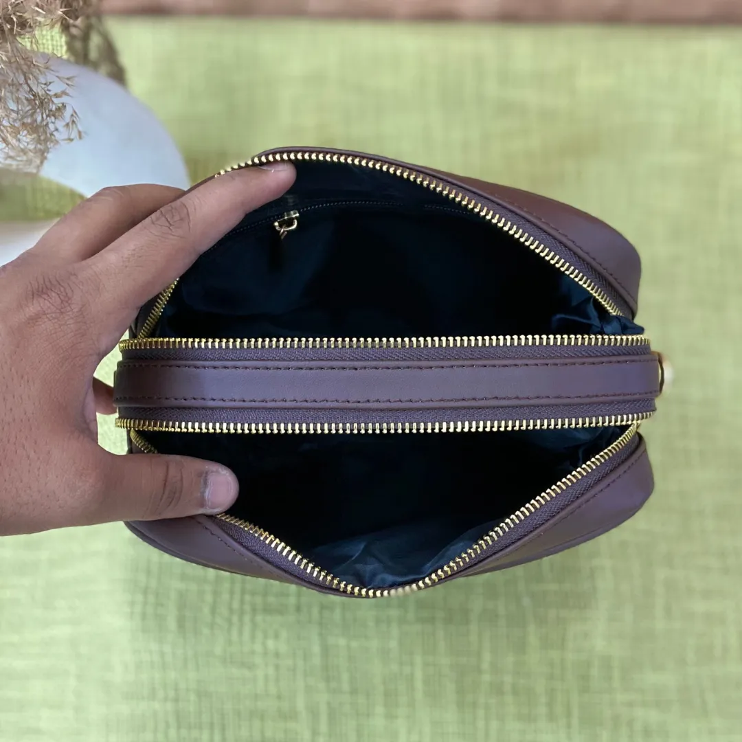 Brown Dual Compartment Sling Bag with Pink Multi-color Triangle Belt