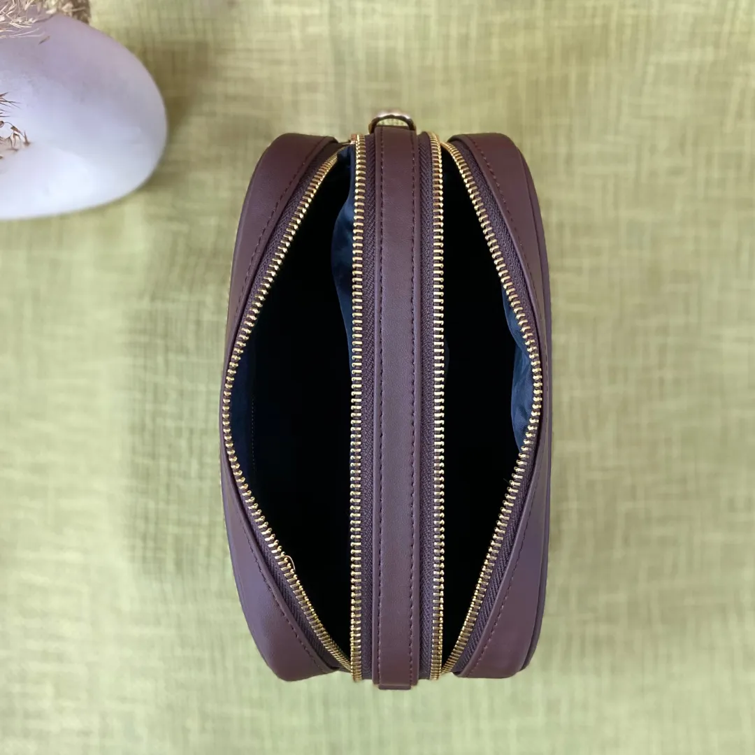Brown Dual Compartment Sling Bag with Pink Multi-color Triangle Belt