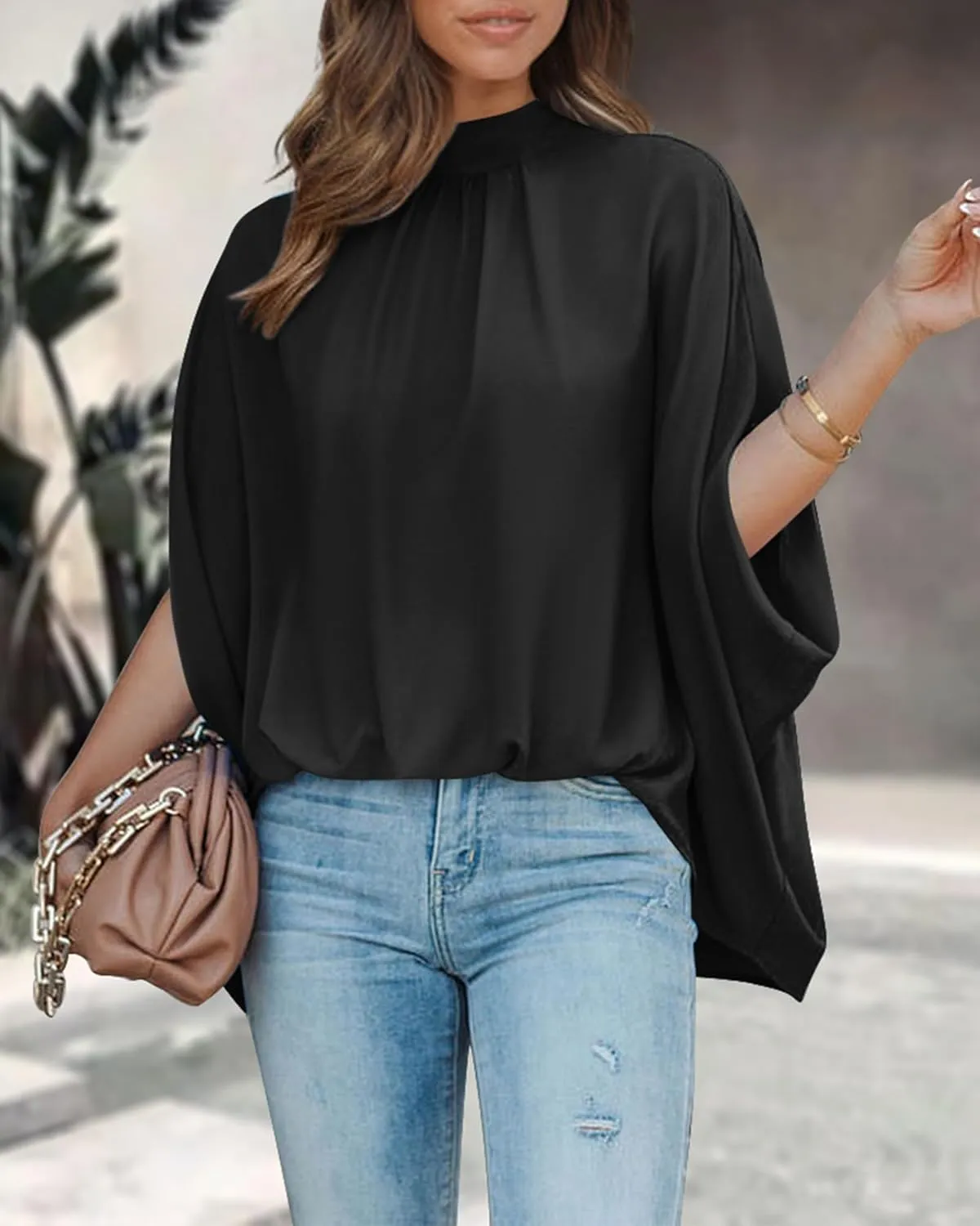 BTFBM Women Mock Neck Summer Tops 2025 Spring Batwing Short Sleeve Loose High Low Hem Casual Oversized Blouses Shirts