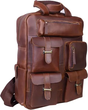 Buffalo Leather Backpack | Brown | 17 INCH | Light Weight | Multi Pockets Daypack | Travel Shoulder Bag | Genuine Buffalo Leather