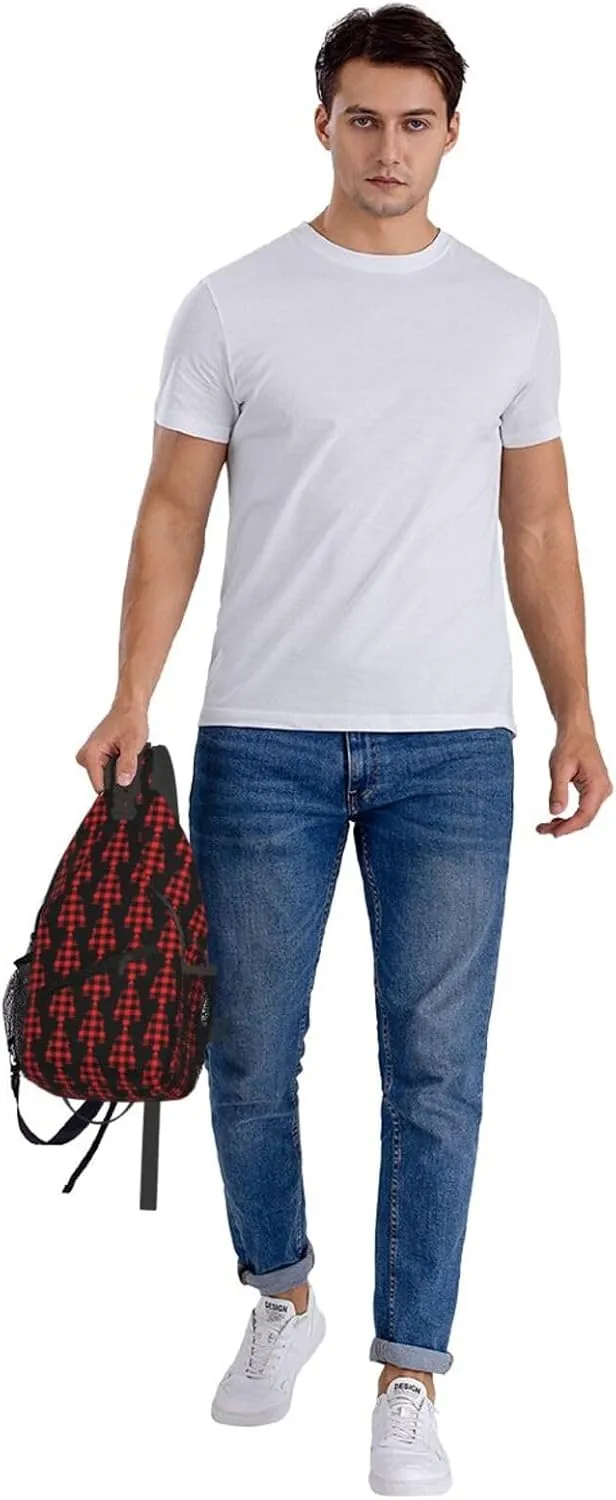 Buffalo Plaid Christmas Tree Crossbody Bag Cross Chest Bag Adjustable Sling Backpack Sports Gym Shoulder Bags Travel Cycling Daypack Diagonally Casual Rucksack