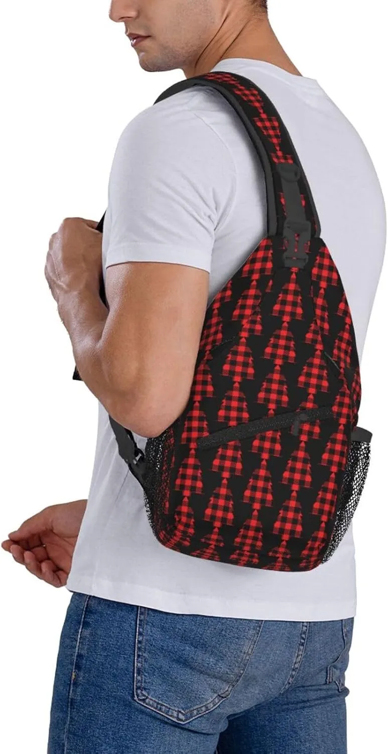 Buffalo Plaid Christmas Tree Crossbody Bag Cross Chest Bag Adjustable Sling Backpack Sports Gym Shoulder Bags Travel Cycling Daypack Diagonally Casual Rucksack