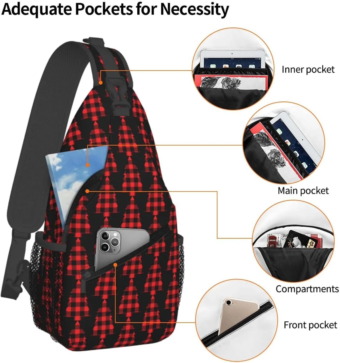 Buffalo Plaid Christmas Tree Crossbody Bag Cross Chest Bag Adjustable Sling Backpack Sports Gym Shoulder Bags Travel Cycling Daypack Diagonally Casual Rucksack