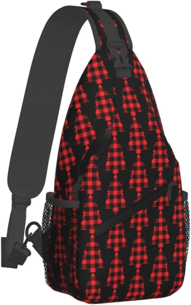 Buffalo Plaid Christmas Tree Crossbody Bag Cross Chest Bag Adjustable Sling Backpack Sports Gym Shoulder Bags Travel Cycling Daypack Diagonally Casual Rucksack