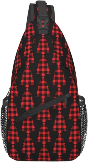 Buffalo Plaid Christmas Tree Crossbody Bag Cross Chest Bag Adjustable Sling Backpack Sports Gym Shoulder Bags Travel Cycling Daypack Diagonally Casual Rucksack
