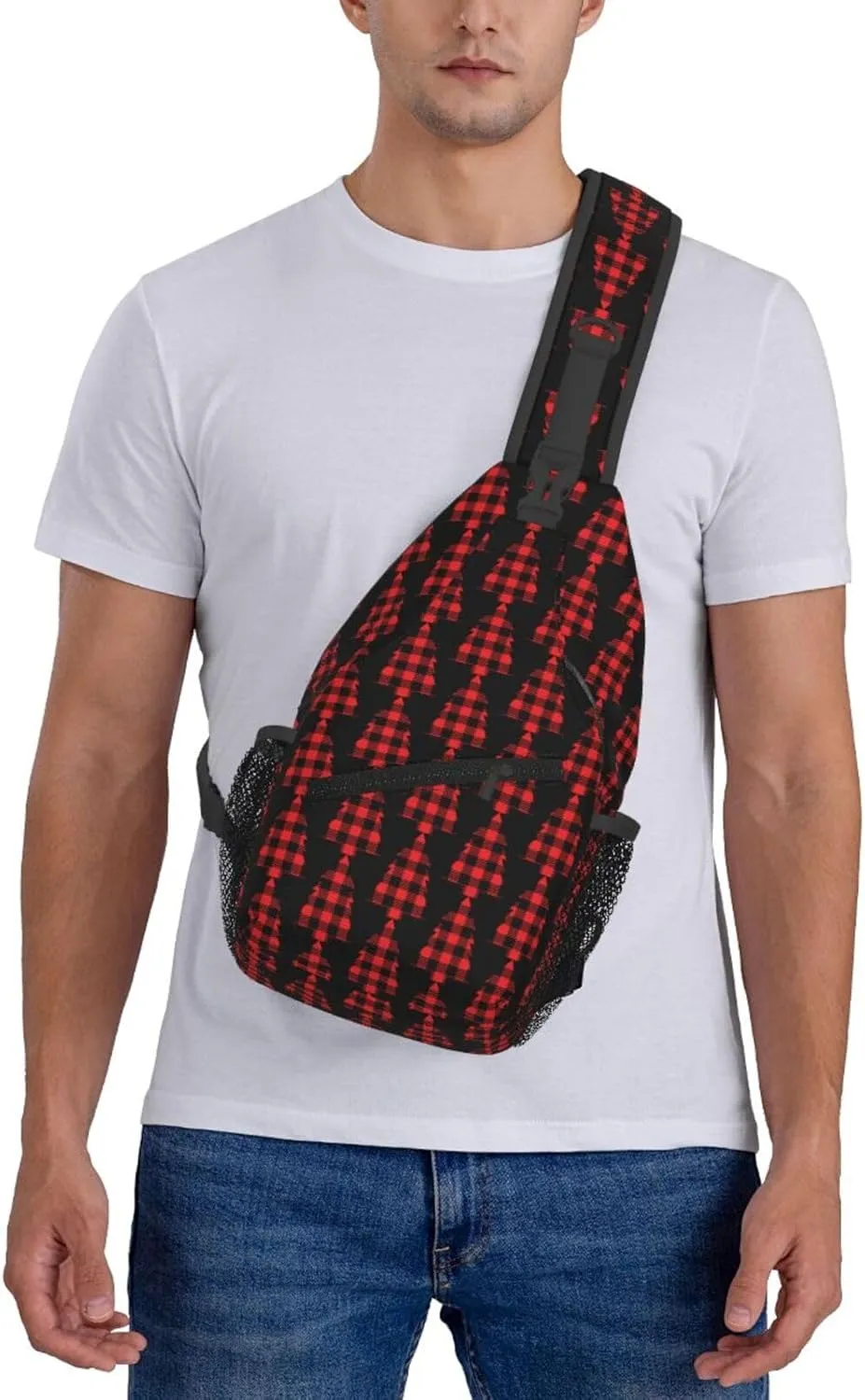 Buffalo Plaid Christmas Tree Crossbody Bag Cross Chest Bag Adjustable Sling Backpack Sports Gym Shoulder Bags Travel Cycling Daypack Diagonally Casual Rucksack