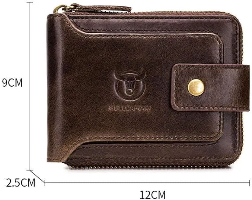 BULLCAPTAIN Genuine Leather Wallet for Men Large Capacity ID Window Card Case with Zip Coin Pocket QB-231 (Coffee)