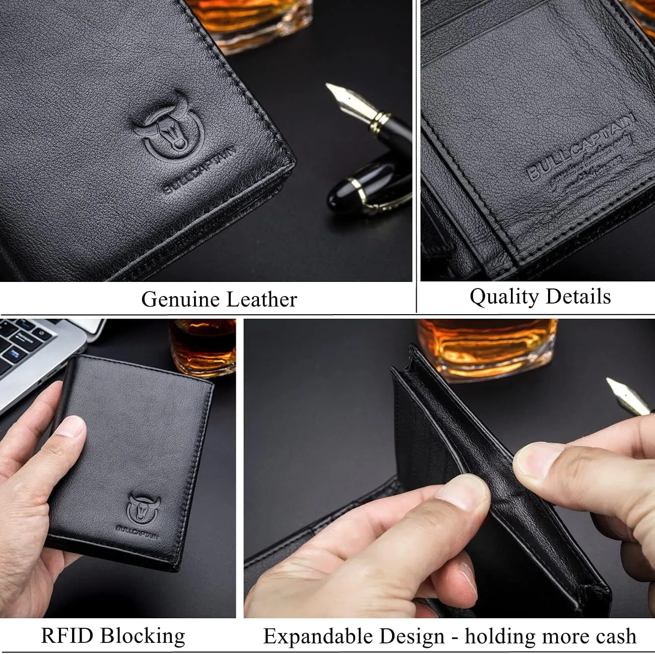 BULLCAPTAIN Large Capacity Genuine Leather Bifold Wallet/Credit Card Holder for Men with 15 Card Slots QB-027