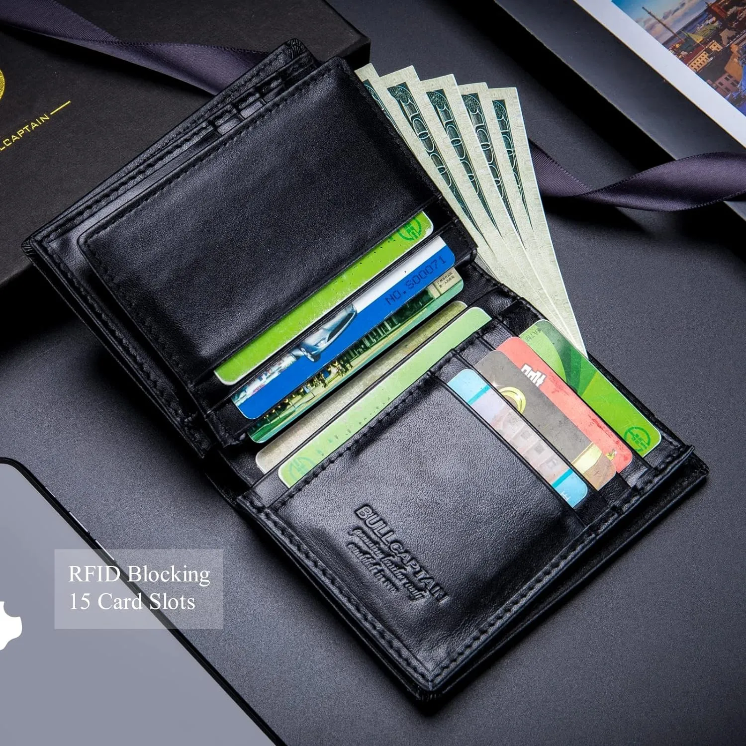 BULLCAPTAIN Large Capacity Genuine Leather Bifold Wallet/Credit Card Holder for Men with 15 Card Slots QB-027