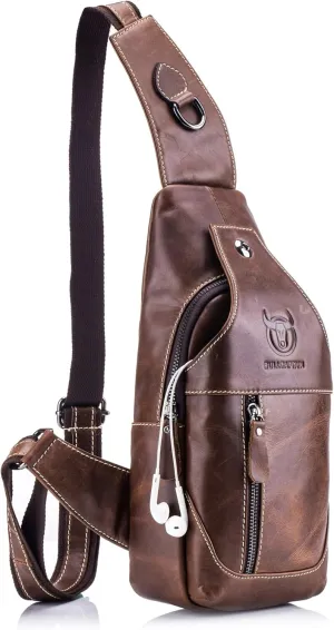 BULLCAPTAIN Men Leather Sling Chest Bag Outdoor Travel Shoulder Crossbody Bags Hiking Small Backpack