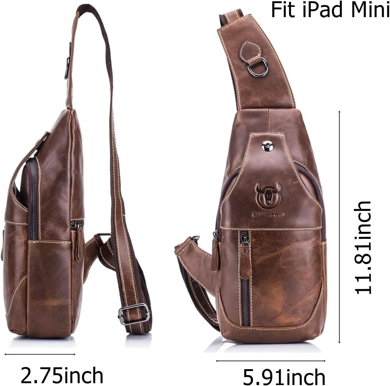 BULLCAPTAIN Men Leather Sling Chest Bag Outdoor Travel Shoulder Crossbody Bags Hiking Small Backpack