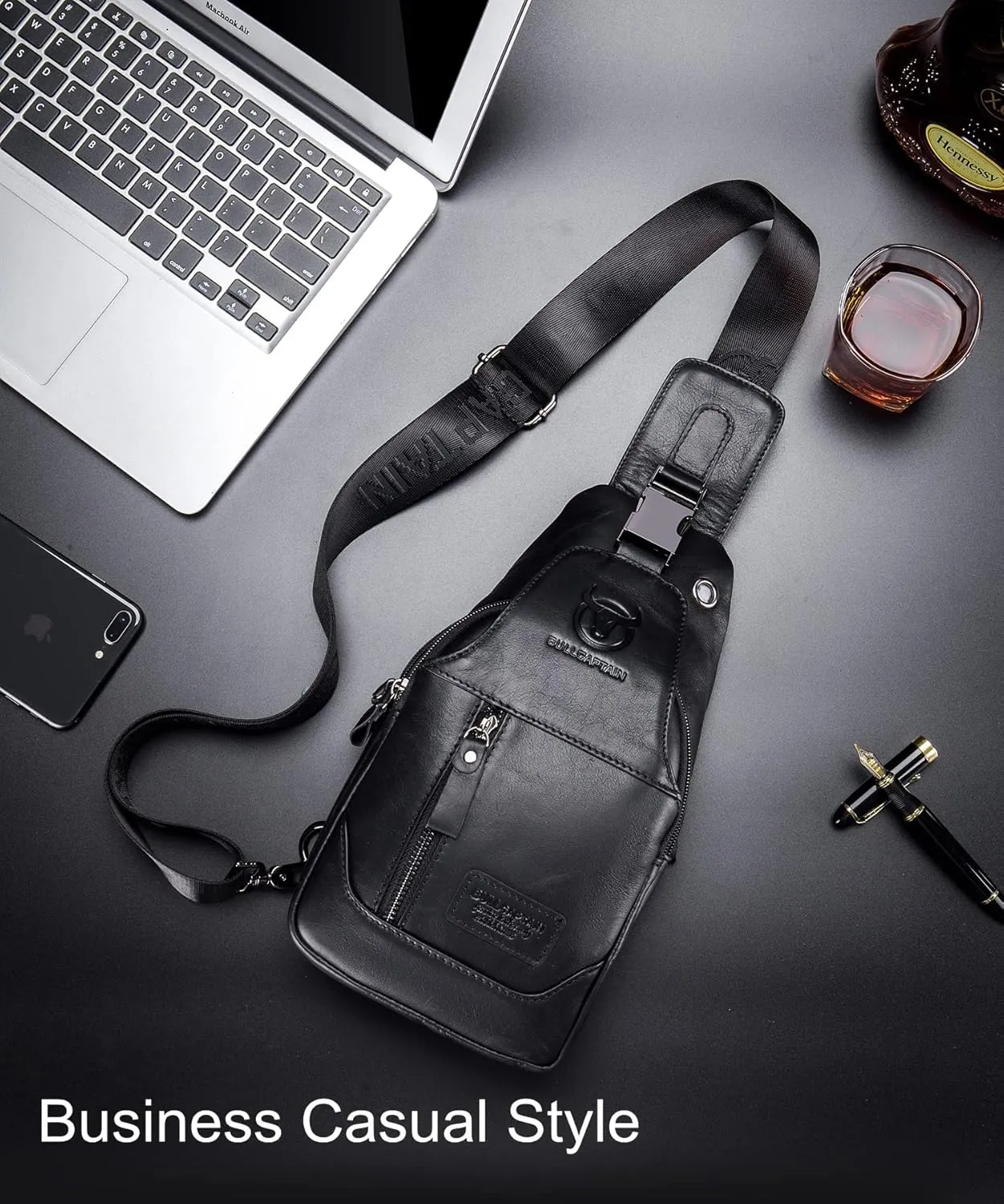 BULLCAPTAIN Sling Bag Genuine Leather Crossbody Backpack Outdoor Travel Chest Bag Daypack (Black)