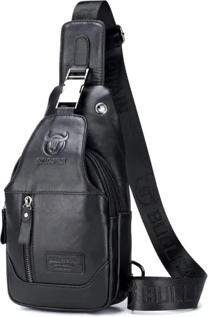 BULLCAPTAIN Sling Bag Genuine Leather Crossbody Backpack Outdoor Travel Chest Bag Daypack (Black)