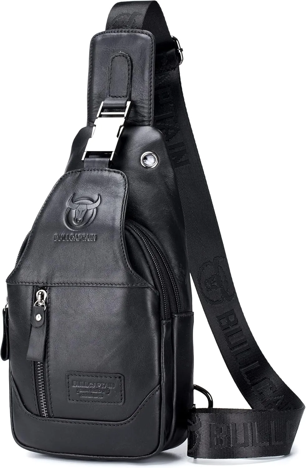 BULLCAPTAIN Sling Bag Genuine Leather Crossbody Backpack Outdoor Travel Chest Bag Daypack (Black)