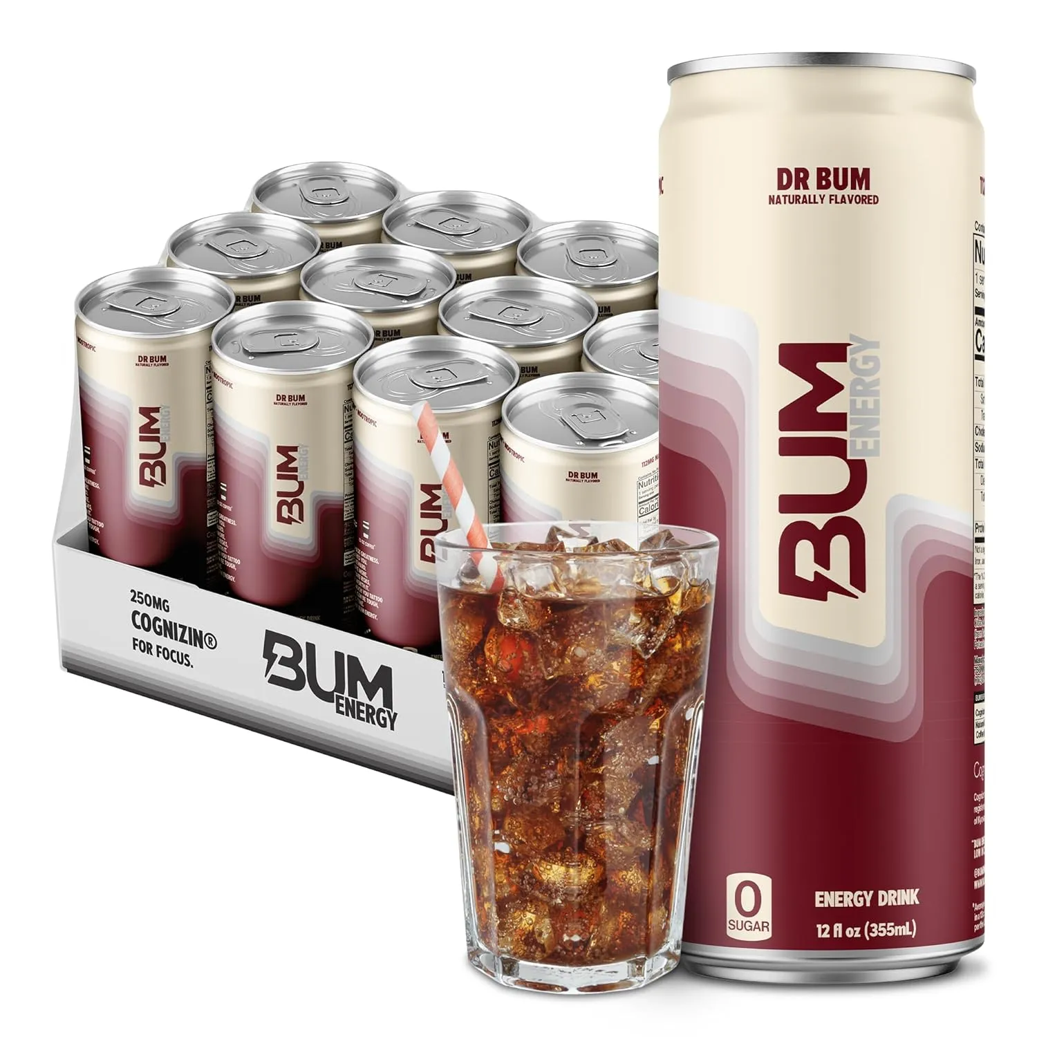 BUM Sugar-Free Energy Drink, Dr BUM - Lightly Carbonated & No Artificial Colors, Natural Caffeine & Citicoline for Energy & Focus, Brain Boost & Workout Sports Beverage - 12 oz, 12-Pack