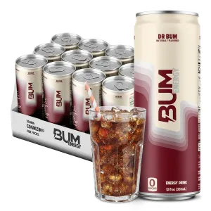 BUM Sugar-Free Energy Drink, Dr BUM - Lightly Carbonated & No Artificial Colors, Natural Caffeine & Citicoline for Energy & Focus, Brain Boost & Workout Sports Beverage - 12 oz, 12-Pack
