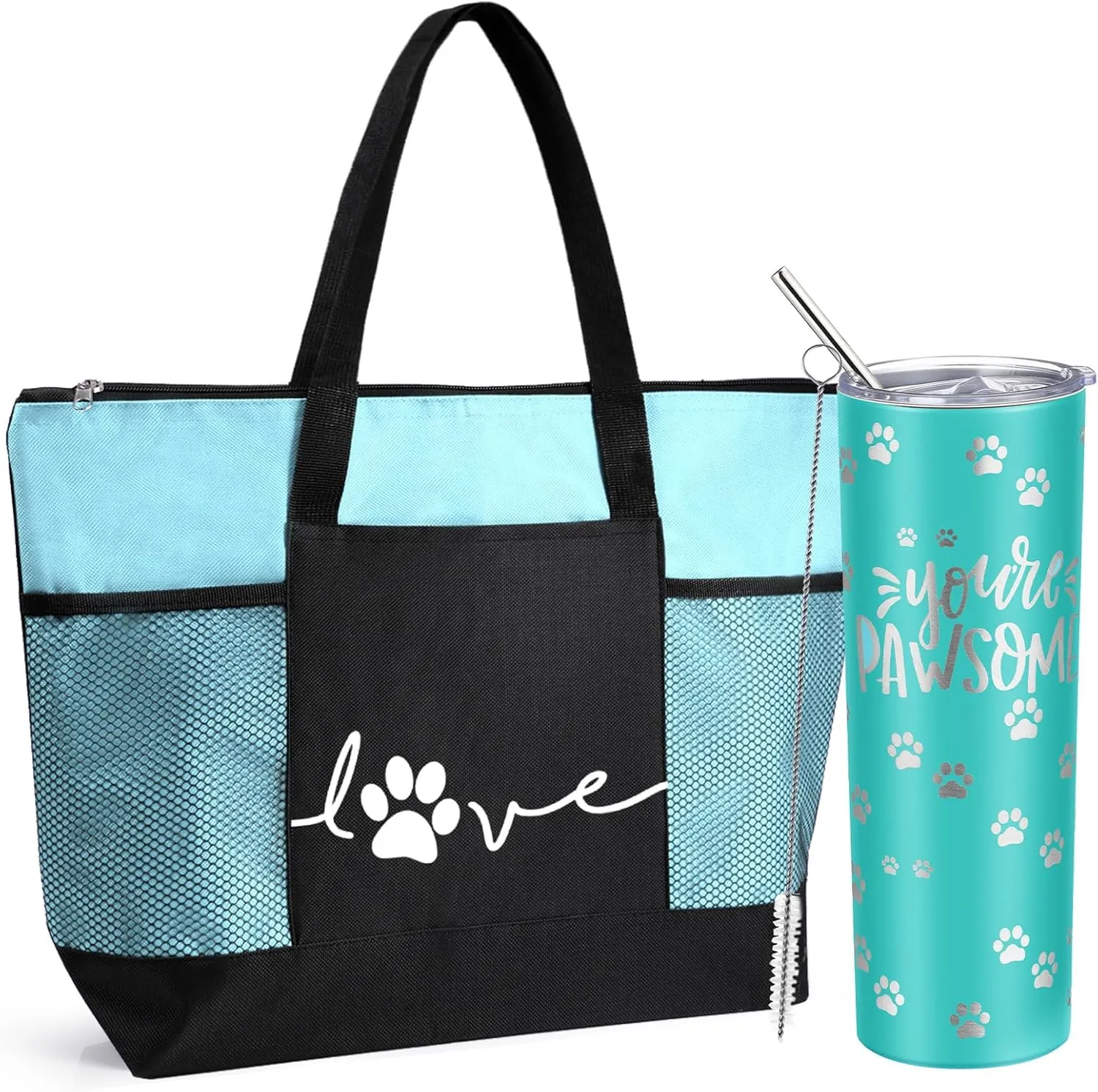 Buryeah 2 Pcs Veterinarian Gifts Vet Tech Gift 20 oz You're Pawsome Sign Tumbler with Lid Love Tote Bag with Mesh Pockets Thank You for Veterinarian Assistant End of School Supplies(Sky Blue)