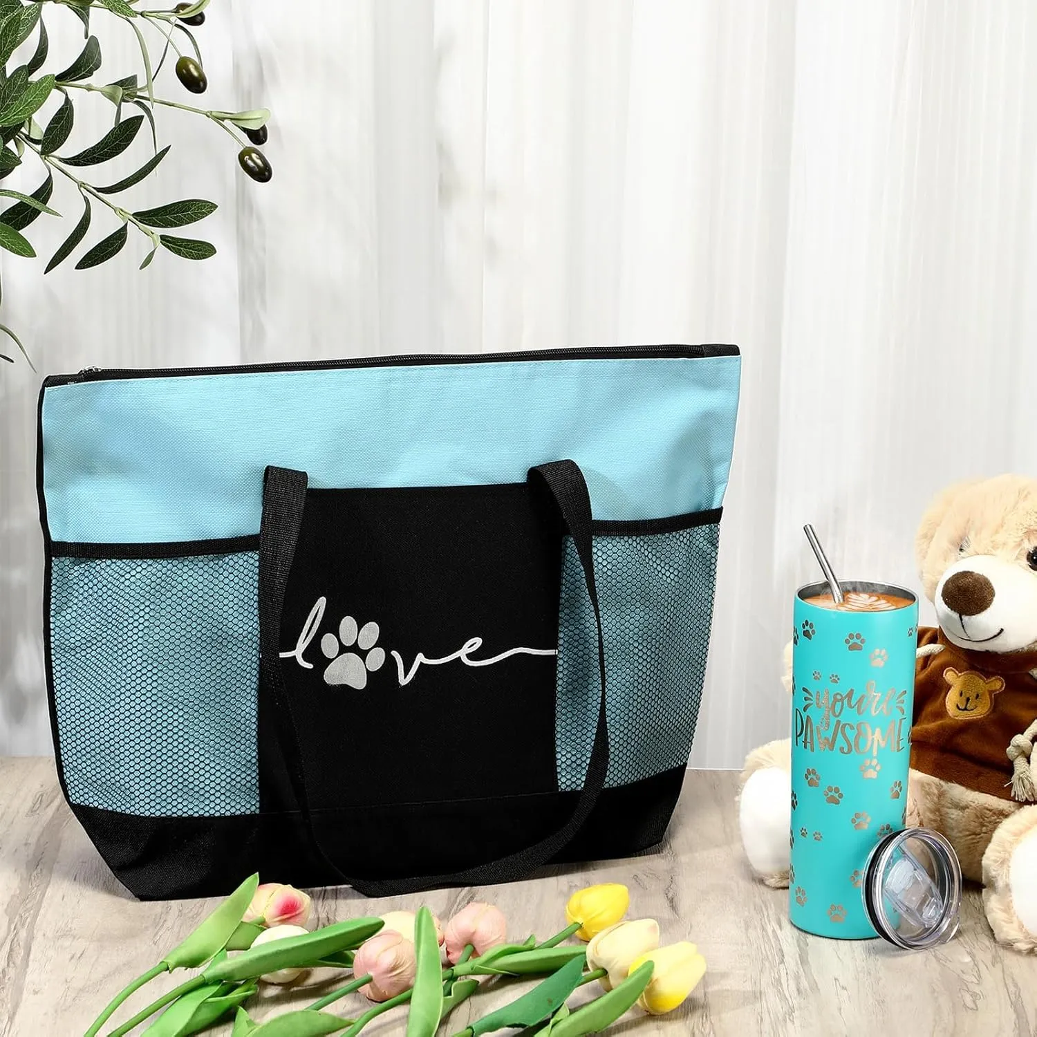 Buryeah 2 Pcs Veterinarian Gifts Vet Tech Gift 20 oz You're Pawsome Sign Tumbler with Lid Love Tote Bag with Mesh Pockets Thank You for Veterinarian Assistant End of School Supplies(Sky Blue)