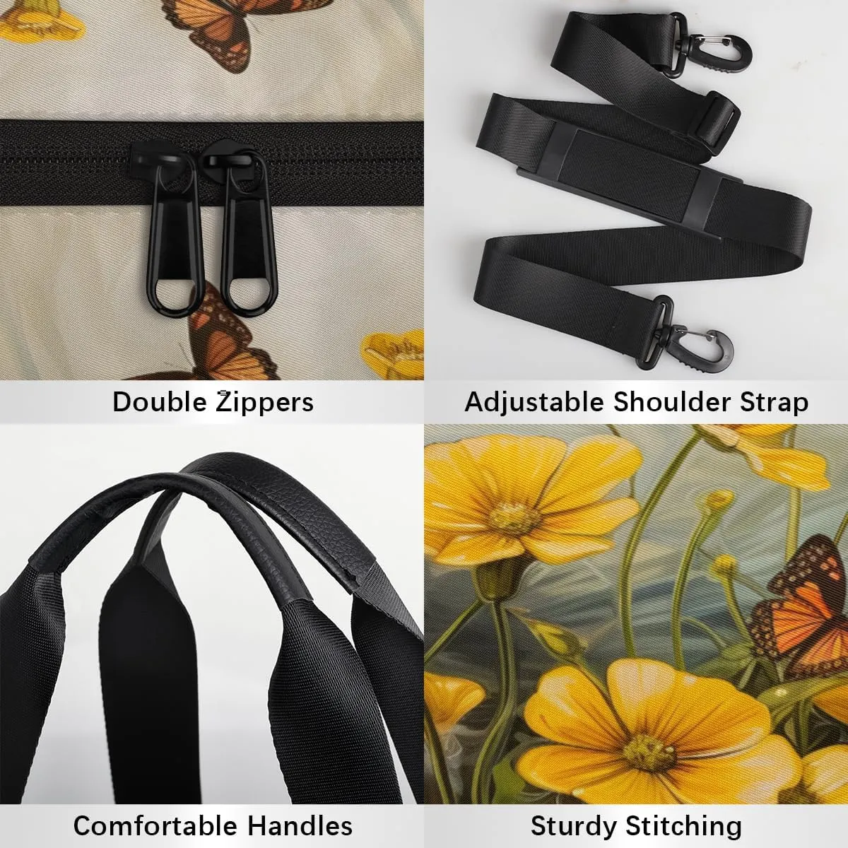 Butterfly Meadow Glow Sports Duffel Bag with Shoulder Strap, Large Capacity Gym Bag with Shoe Compartment, Water Resistant Travel Duffle Bag for Men Women Travel, Sports (17.6x9x9 Inch)